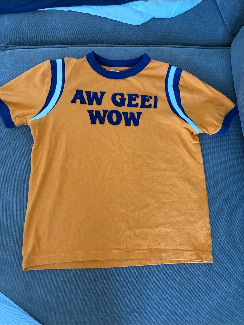 Zara Orange Tee with Navy Graphic and White Shoulder Stripes